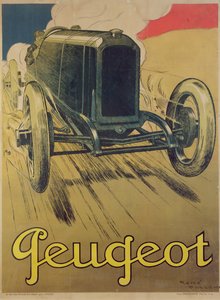 Poster die een Peugeot-raceauto adverteert, ca. 1918